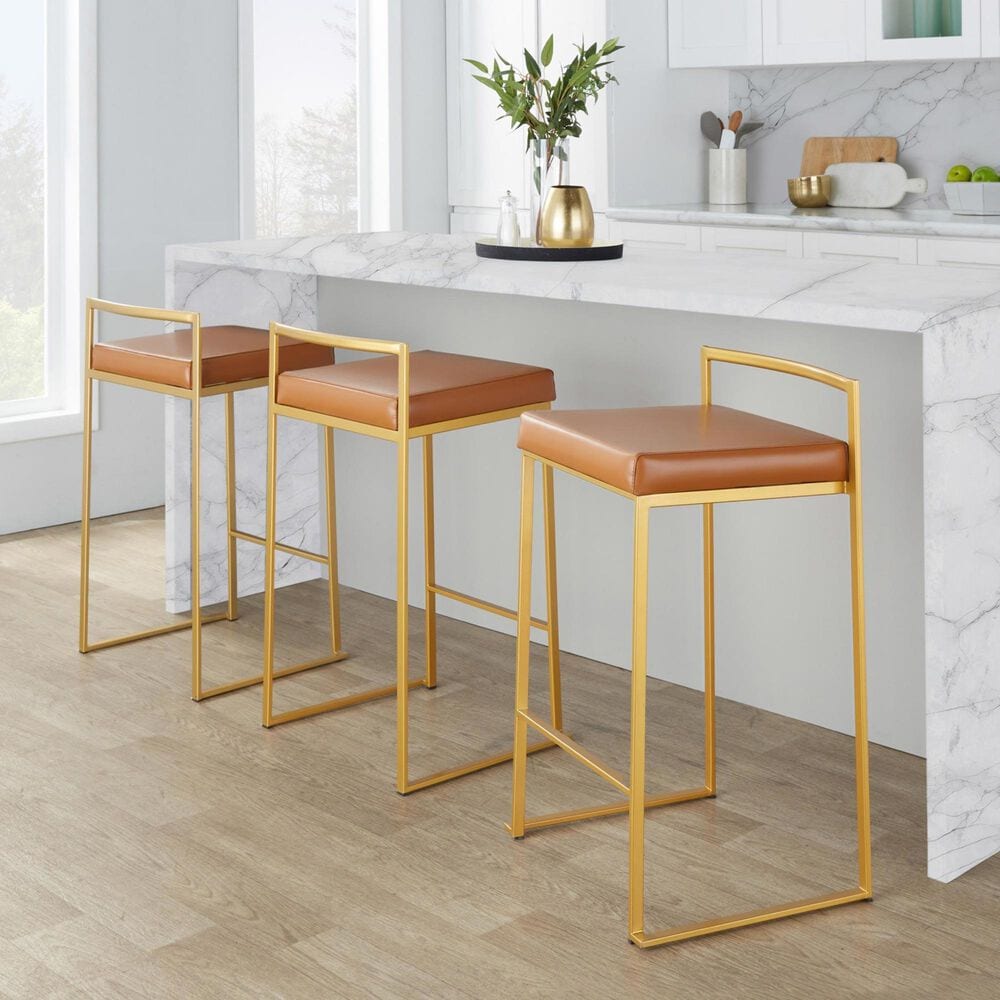 LumiSource Fuji 26" Stacker Counter Stool with Camel Upholstery in Gold (Set of 2), , large