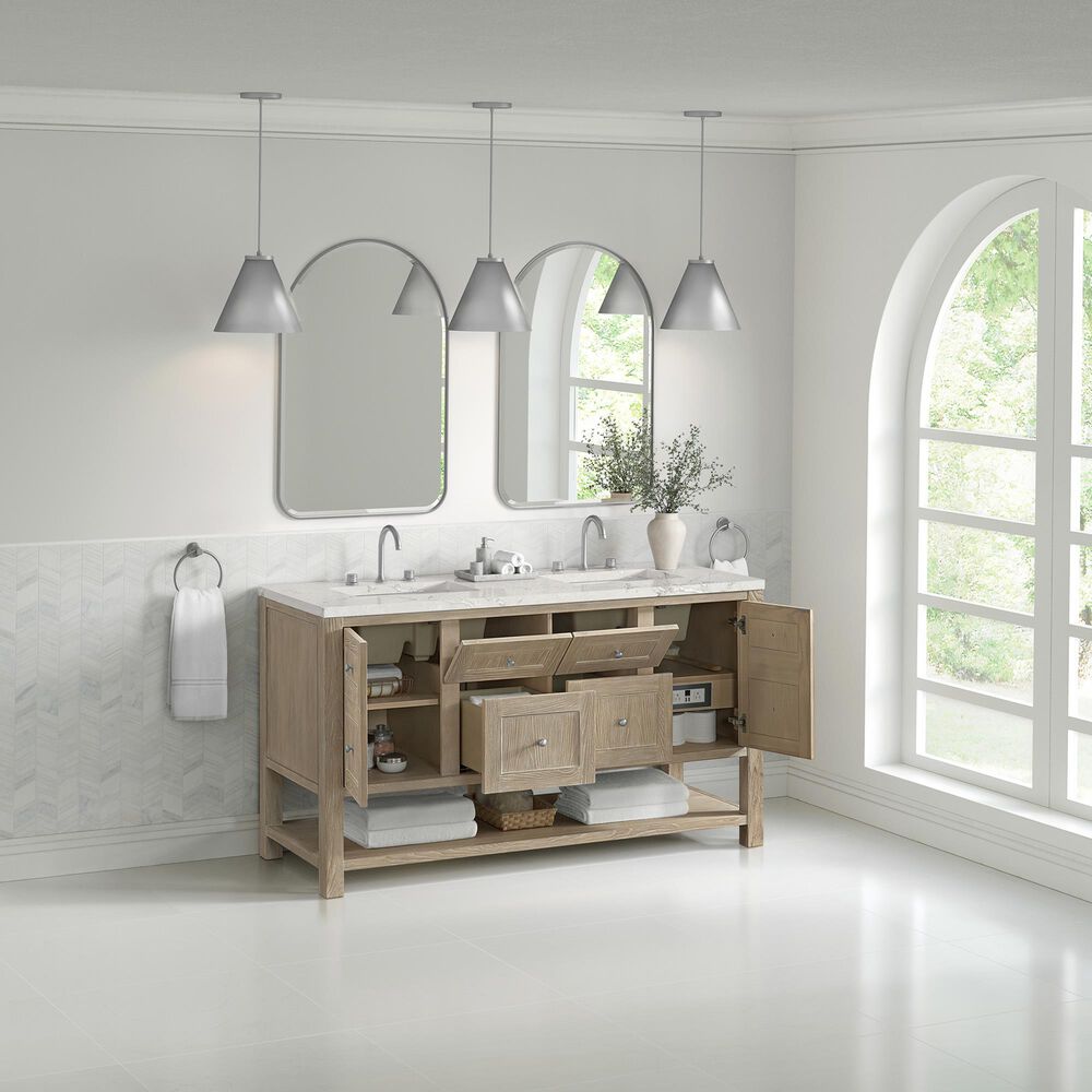 James Martin Vanities Breckenridge 60" Double Bathroom Vanity in Whitewashed Oak with 3 cm Eternal Jasmine Pearl Silestone Top, Rectangular Sinks and FreePower Wireless Charger, , large