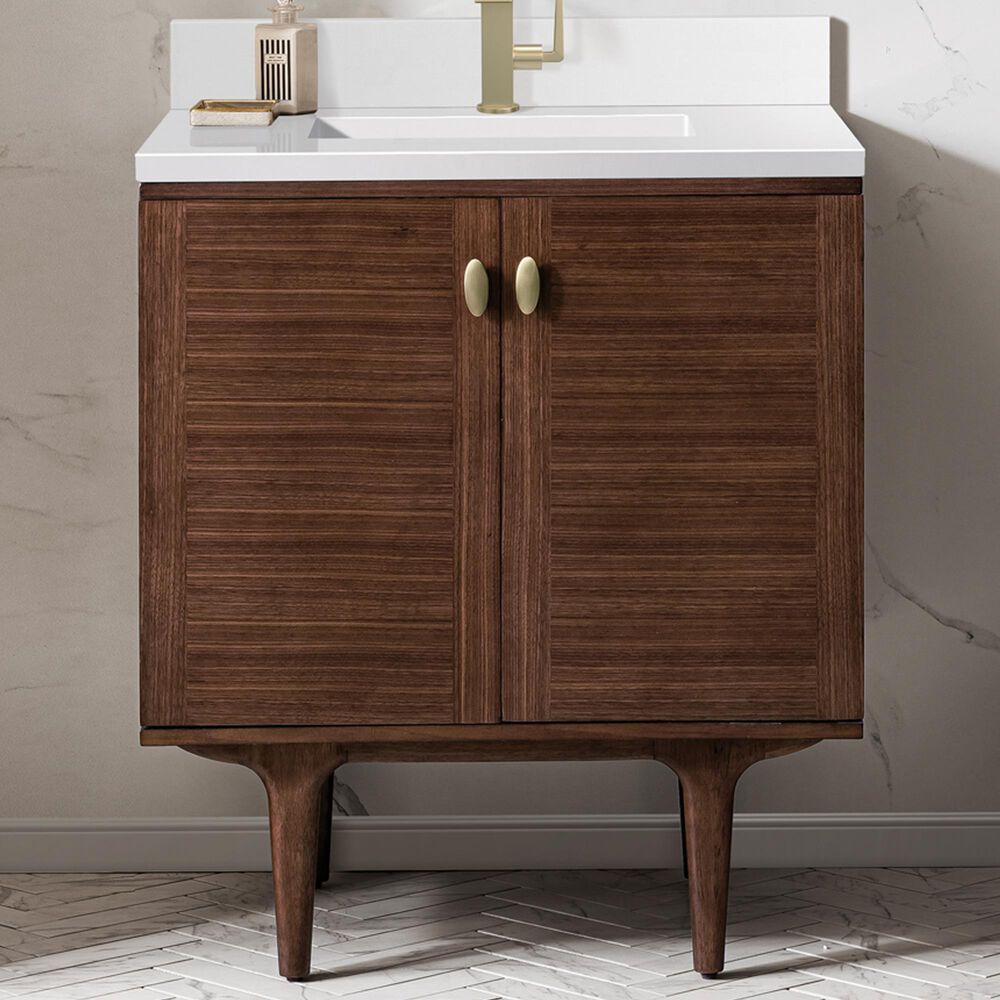 James Martin Vanities Amberly 30&quot; Single Bathroom Vanity in Mid-Century Walnut with Single Hole 3 cm White Zeus Quartz Top and Rectangular Sink, , large