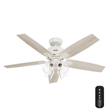 Hunter Gatlinburg Easy Install 52" LED Indoor Ceiling Fan with Light and Remote in Matte White with Light Oak Blades, , large