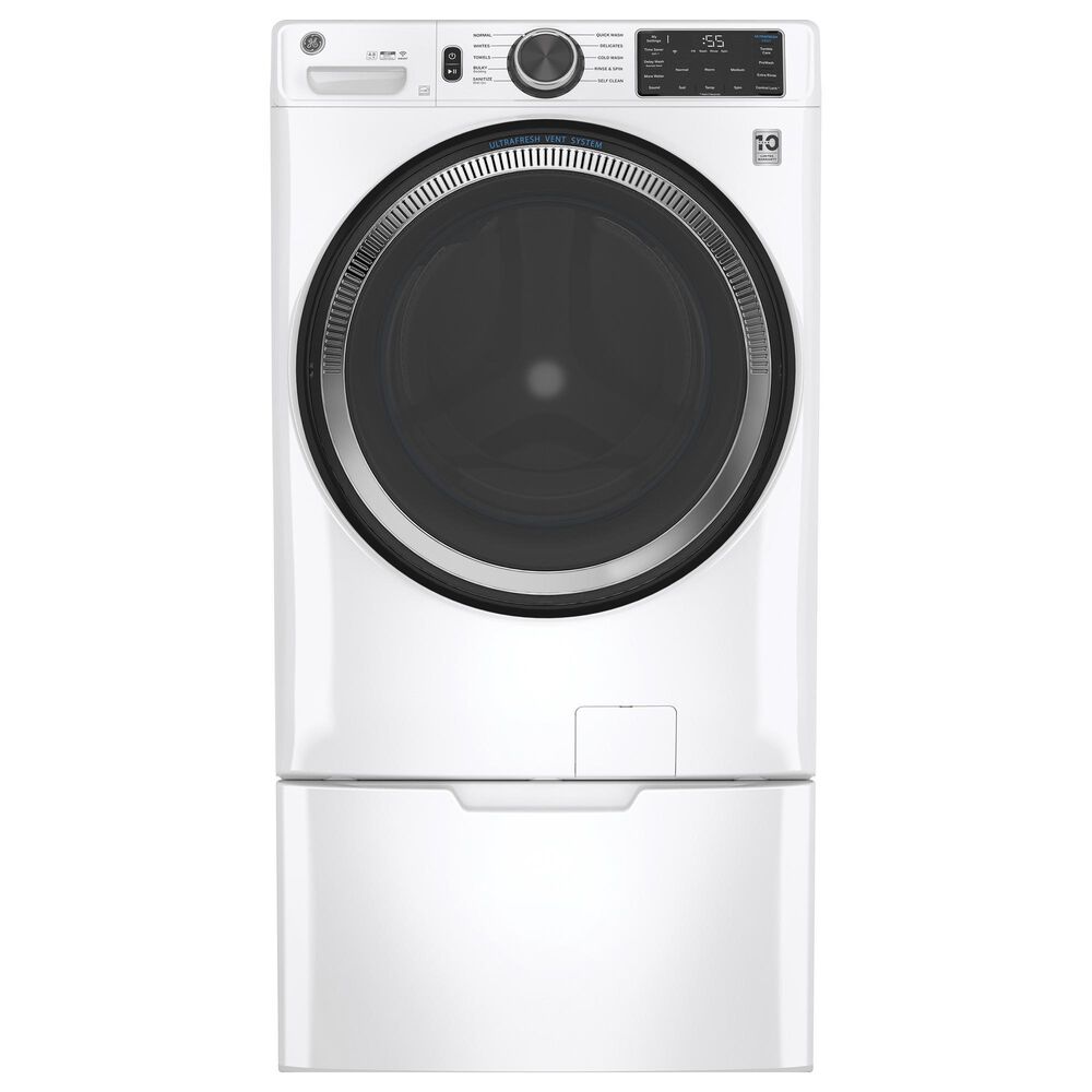 GE Appliances 4 PC Laundry Package with 4.8 cu. ft. Capacity Smart Front Load ENERGY STAR Washer with UltraFresh Vent System and OdorBlock, 7.8 cu. ft. Capacity Smart Front Load Gas Dryer with Sanitize Cycle, and 2 x 7&quot; RightHeight Riser, , large