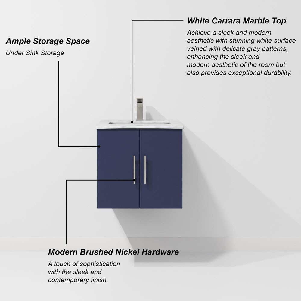 Lexora Home Geneva 24" Single Bathroom Vanity in Navy Blue with 2 cm White Carrara Marble Top and Rectangular Sink, , large