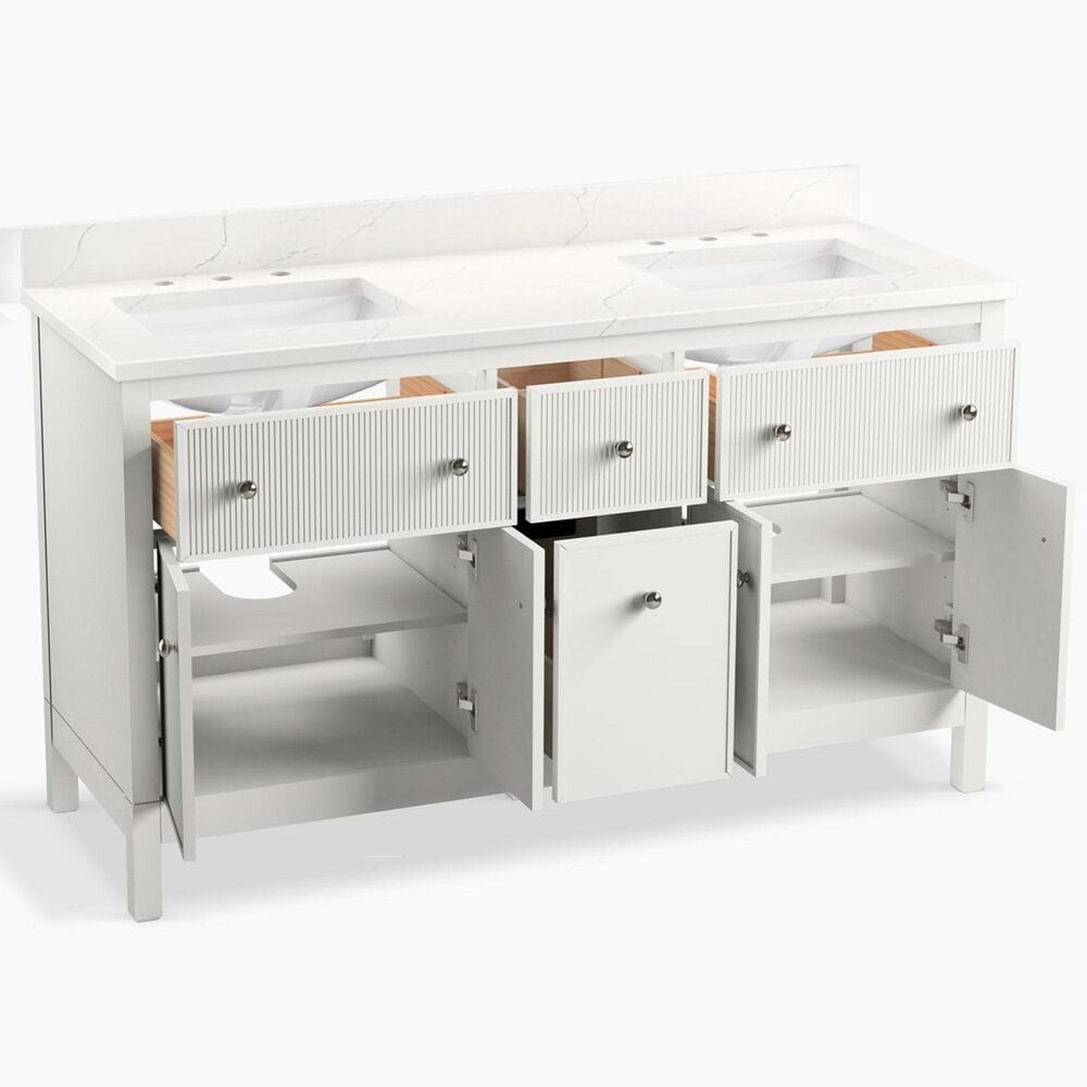 Kohler Malin 60" Double Bathroom Vanity in White with 3 cm White Quartz Top and Rectangular Sinks, , large
