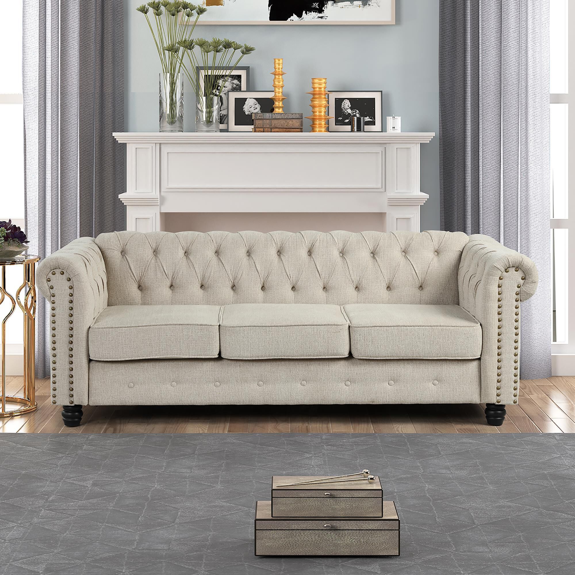 Morden Fort Chesterfield 2 Piece Stationary Linen Sofa and Loveseat Set in Beige
