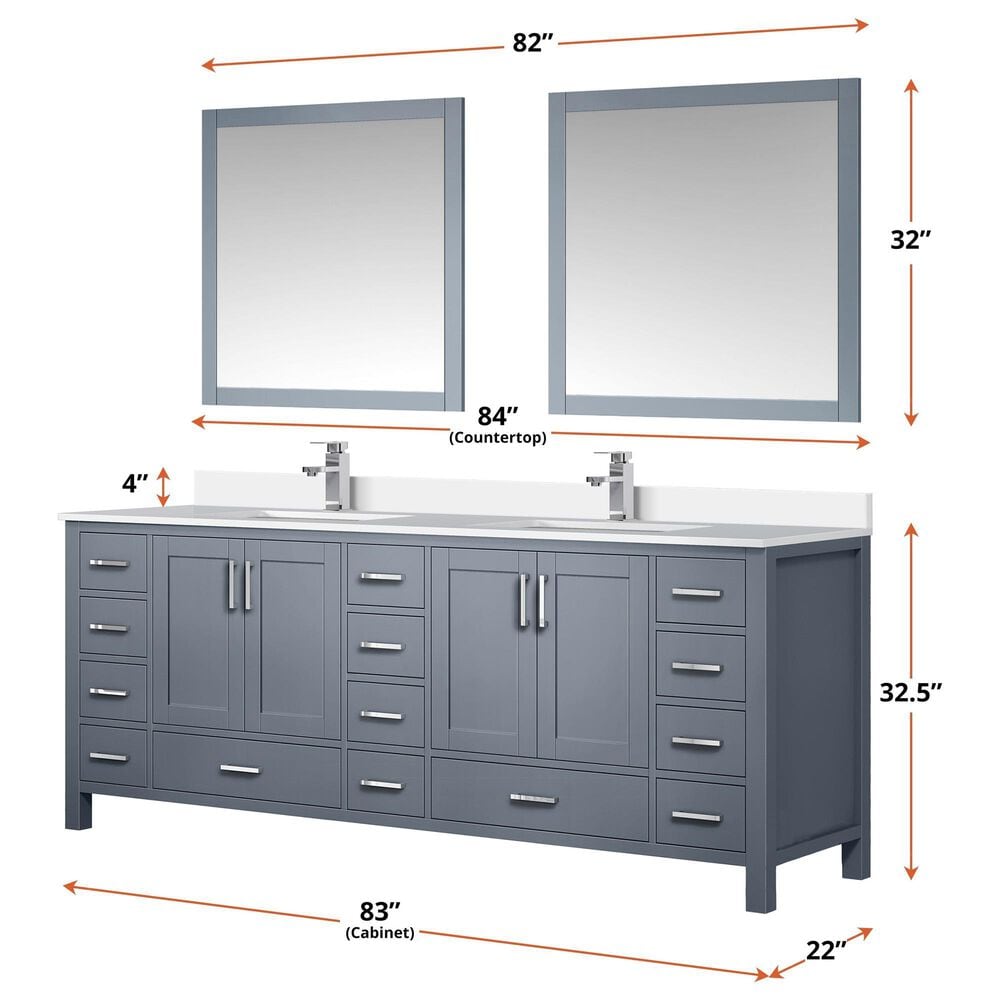 Lexora Home Jacques 84&quot; Double Bathroom Vanity in Distressed Grey with 2 cm White Cultured Marble Top and Rectangular Sinks, , large