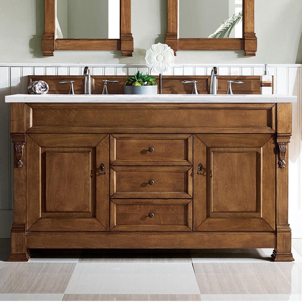 James Martin Vanities Brookfield 60&quot; Double Bathroom Vanity in Country Oak with 3 cm Arctic Fall Solid Surface Top and Rectangle Sinks, , large