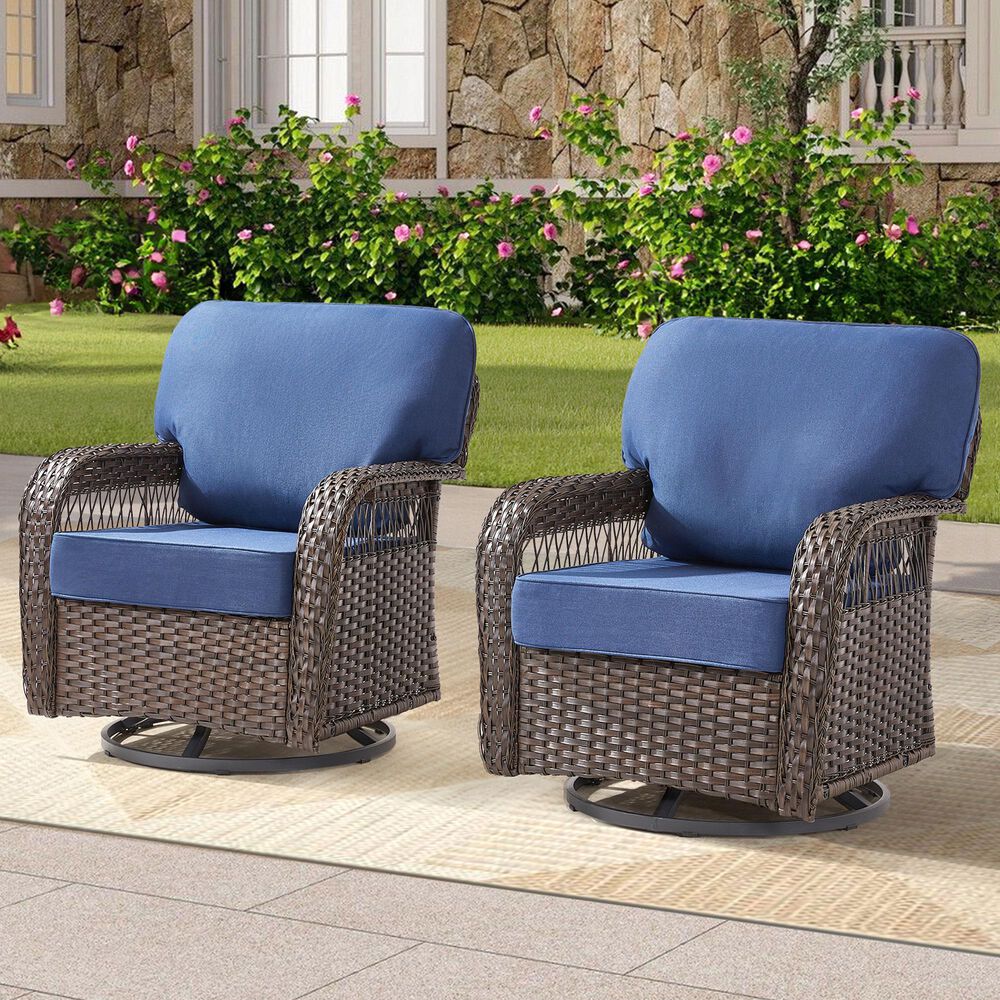 Hearth and Haven Outdoor Swivel Glider Chair with Blue Cushion in Brown (Set of 2), , large