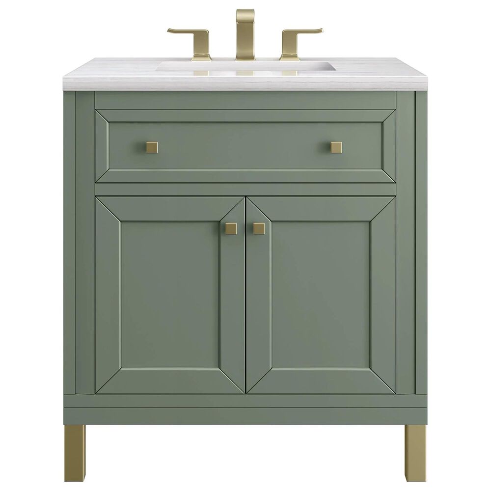 James Martin Vanities Chicago 30&quot; Single Bathroom Vanity in Smokey Celadon with 3 cm Arctic Fall Solid Surface Top and Rectangular Sink, , large