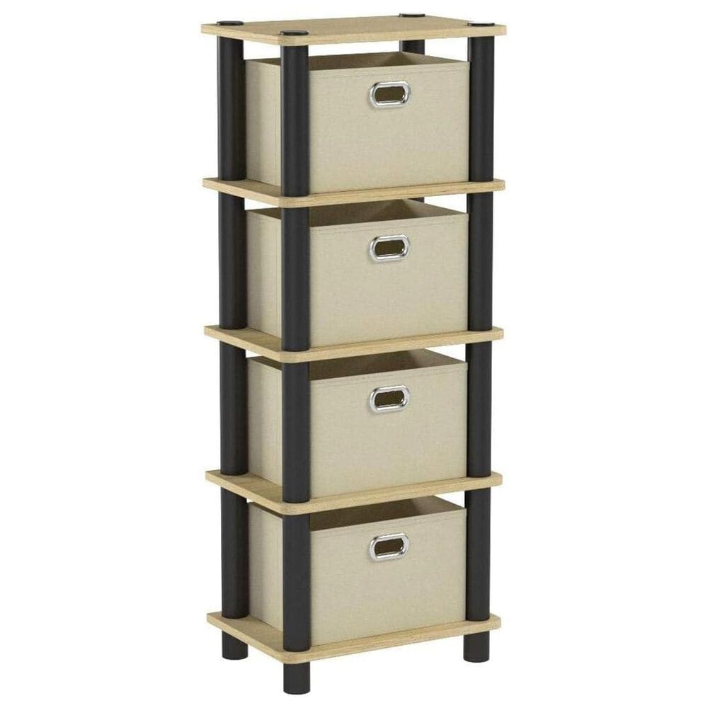 HOMLUX 5-Tier Tall Corner Open Bookshelf with 4 Storage Bins in Oak and Black, , large