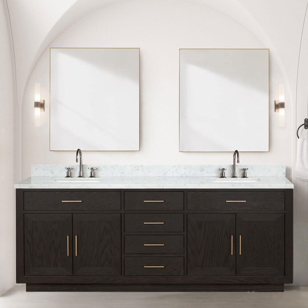 Lexora Home Abbey 84&quot; Double Bathroom Vanity in Brown Oak with 2 cm White Carrara Marble Top and Rectangular Sinks, , large
