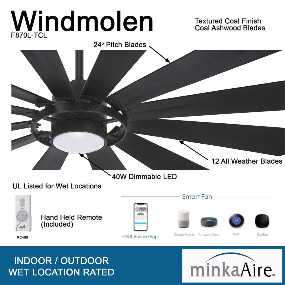 Minka-Aire Windmolen 65" Indoor/Outdoor Smart Ceiling Fan with LED Light in Textured Coal, , large