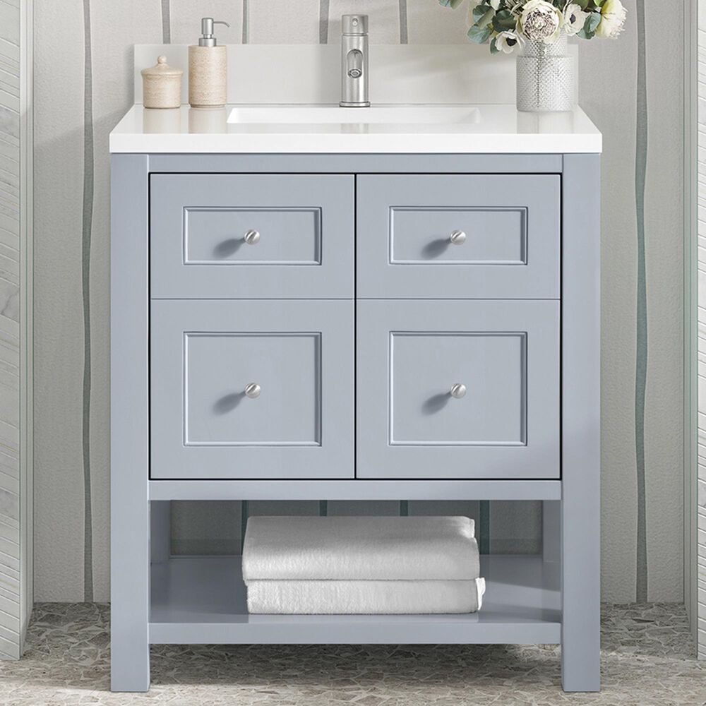 James Martin Vanities Breckenridge 30&quot; Single Bathroom Vanity in Serenity Blue with Single Hole 3 cm White Zeus Quartz Top and Rectangular Sink, , large