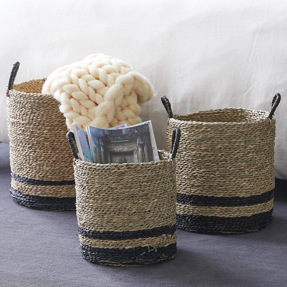 Maple and Jade Seagrass Storage Basket in Brown and Black &#40;Set of 3&#41;, , large