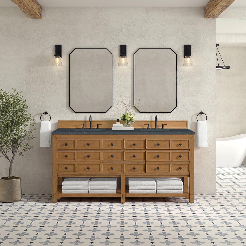 James Martin Vanities Malibu 72" Double Bathroom Vanity in Amber Birch with 3 cm Charcoal Soapstone Quartz Top and Rectangular Sinks, , large