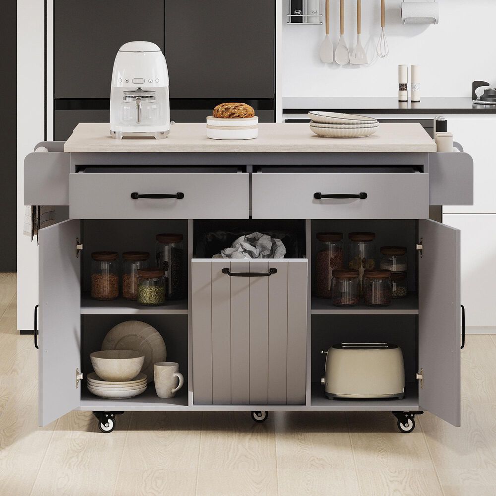 HOMLUX 51" Kitchen Island with Trash Can Storage Cabinet in Grey, , large