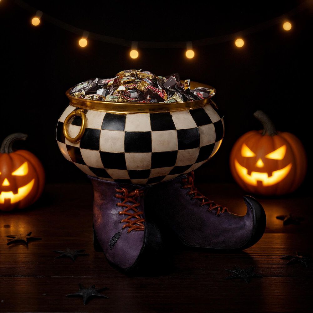 The Gerson Company 8.8&quot; Resin Halloween Witch&#39;s Cauldron in Black, White and Orange, , large