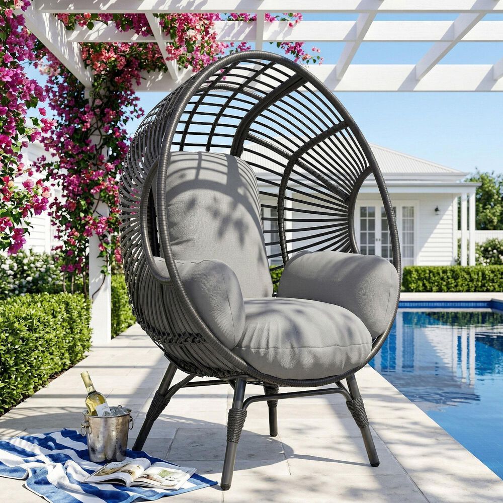 Hearth and Haven Outdoor Egg Chair with Black Frame in Gray, , large