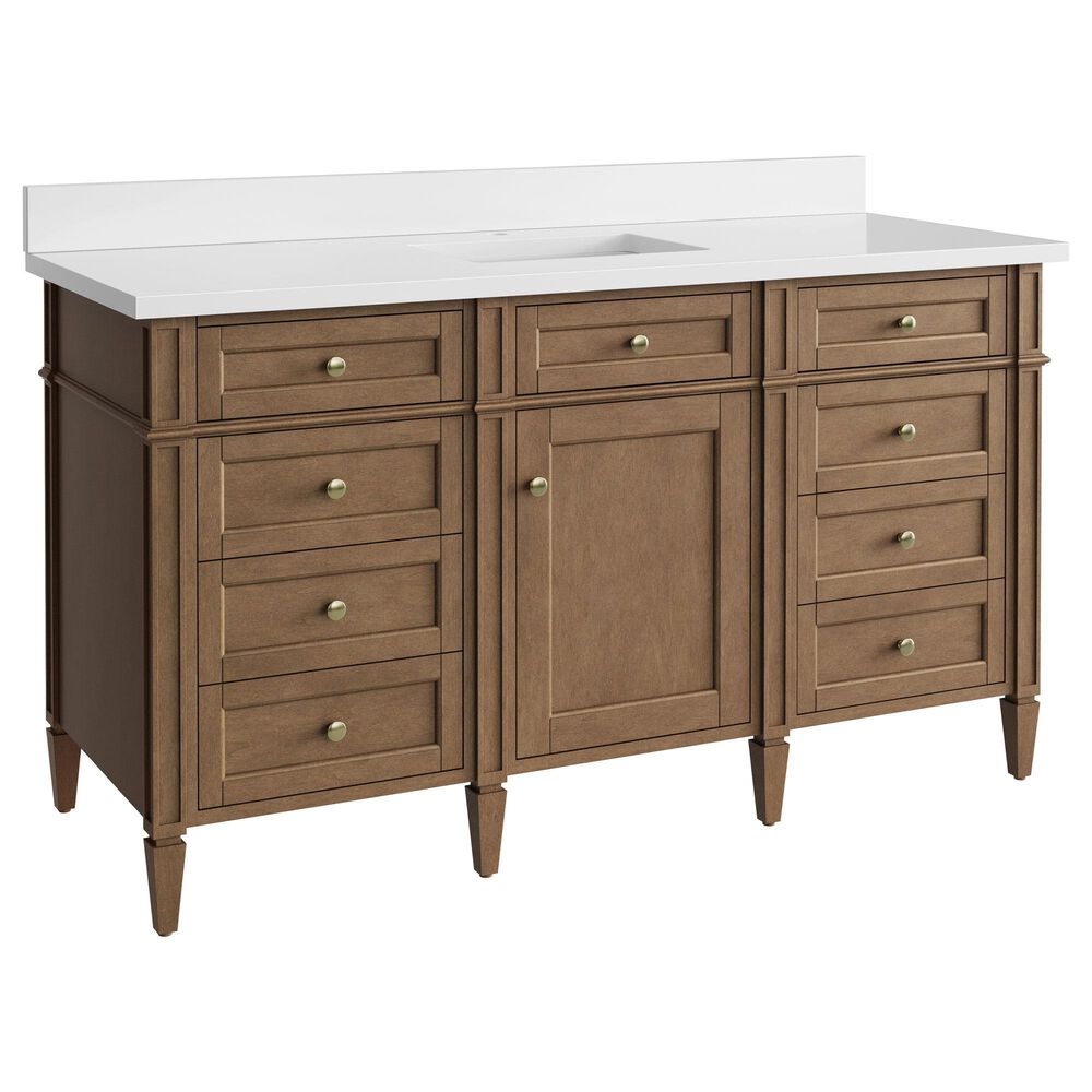 James Martin Brittany 60" Single Bathroom Vanity in Pecan with Single Hole 3 cm White Zeus Silestone Top and Rectangular Sink, , large