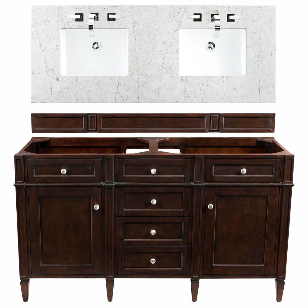 James Martin Vanities Brittany 60" Double Bathroom Vanity in Burnished Mahogany with 3 cm Eternal Jasmine Pearl Quartz Top, , large