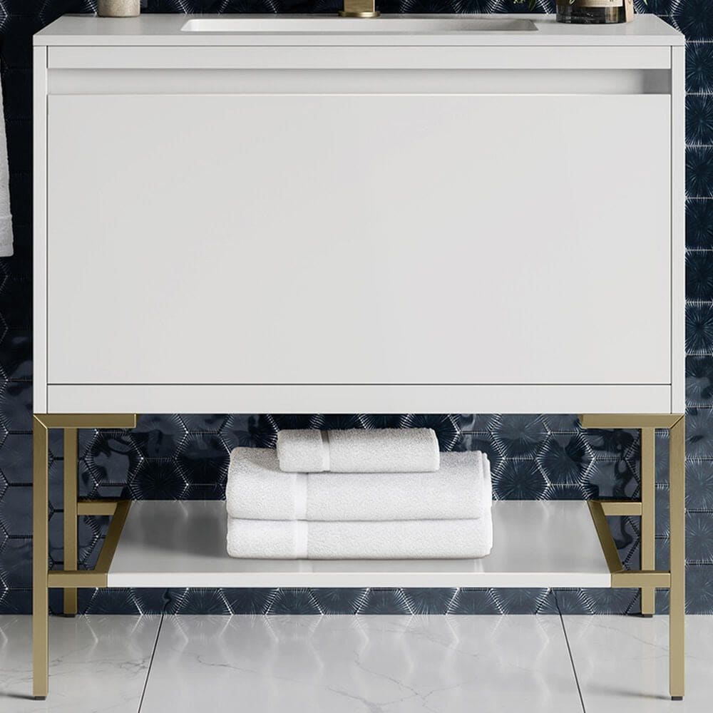 James Martin Mantova 35.4&quot; Single Bathroom Vanity in Glossy White and Champagne Brass with 2 cm Glossy White Solid Surface Top and Rectangular Sink, , large
