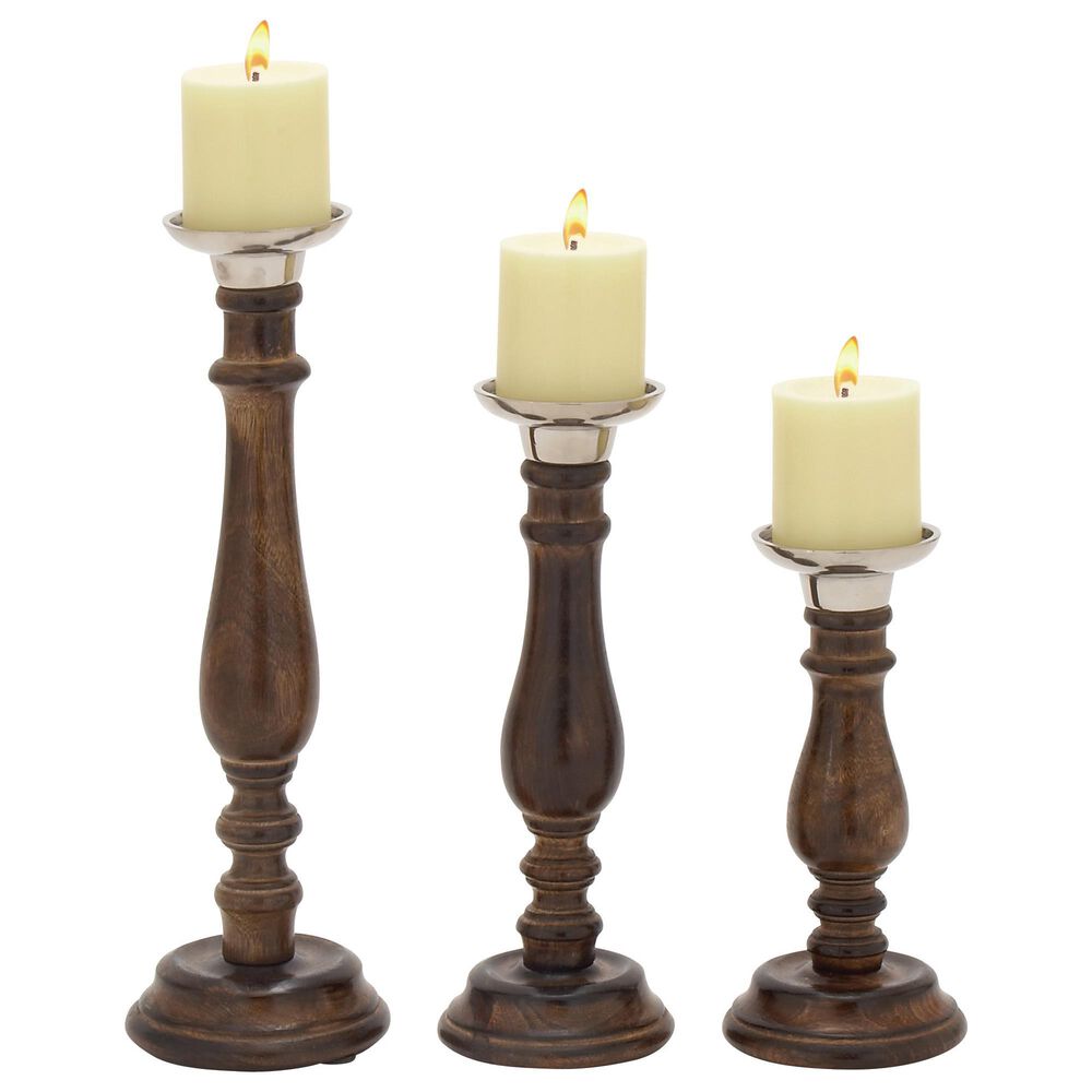 Maple and Jade Mango Wood Candle Holder in Dark Brown and Silver &#40;Set of 3&#41;, , large