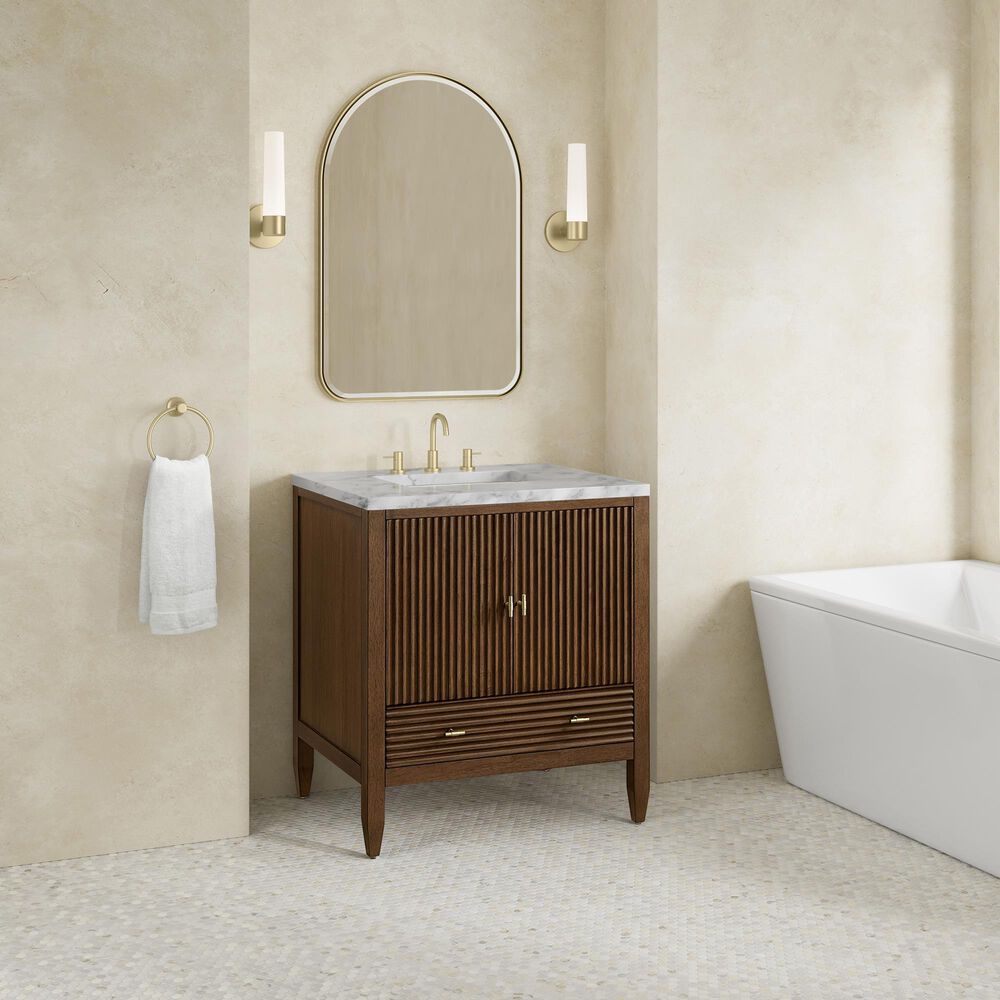 James Martin Myrrin 30" Single Bathroom Vanity in Mid-Century Walnut with 3 cm Carrara Marble Top and Rectangular Sink, , large