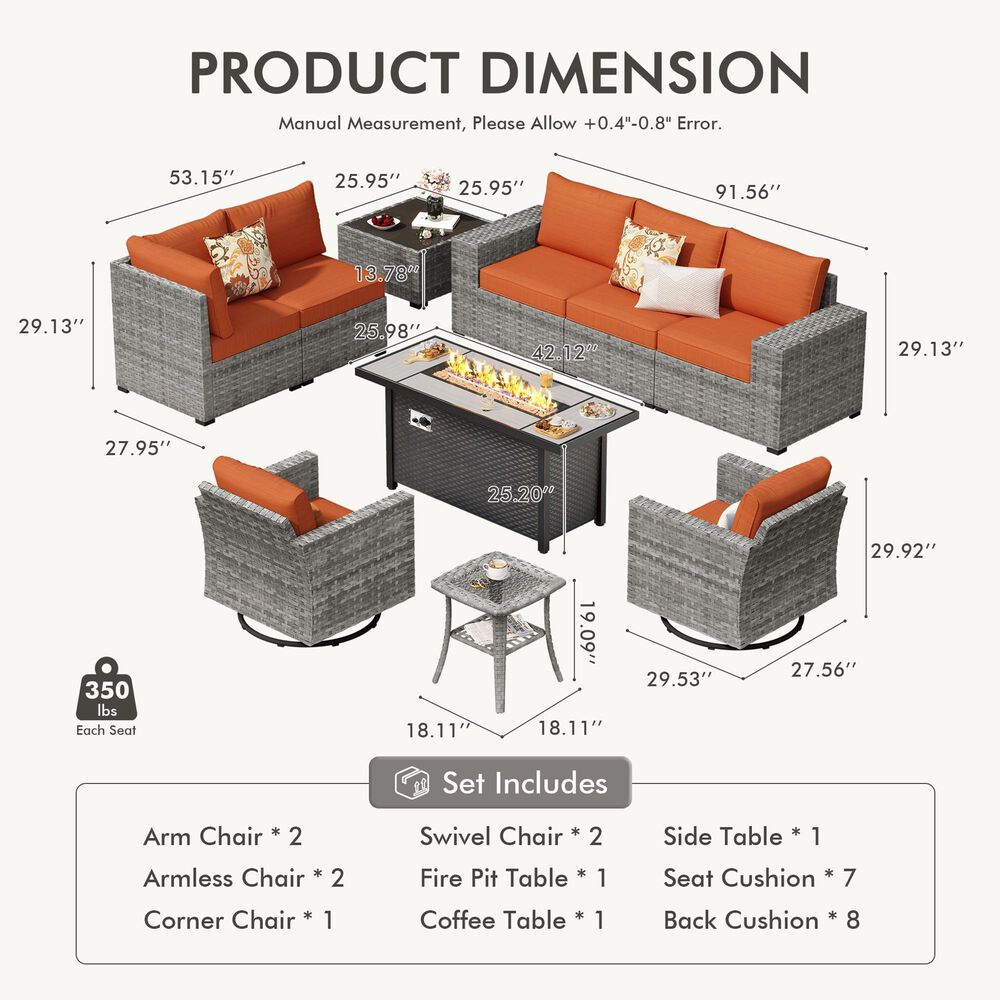 HOMLUX 10-Piece Outdoor Patio Wicker Sectional Furniture Set in Orange Red, , large