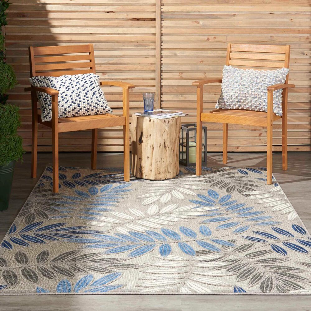 Nourison Aloha Floral 5&#39;3&quot; x 7&#39;5&quot; Grey and Blue Indoor/Outdoor Area Rug, , large