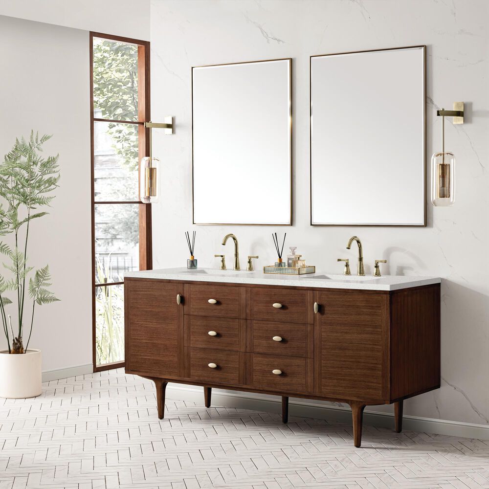 James Martin Vanities Amberly 72&quot; Double Bathroom Vanity in Mid-Century Walnut with Single Hole 3 cm White Zeus Quartz Top and Rectangular Sinks, , large
