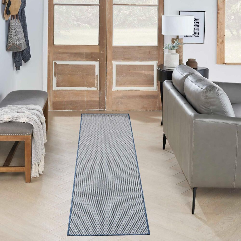 Nourison Courtyard Ivory and Blue 2&#39;2&quot; x 8&#39; Indoor/Outdoor Runner, , large