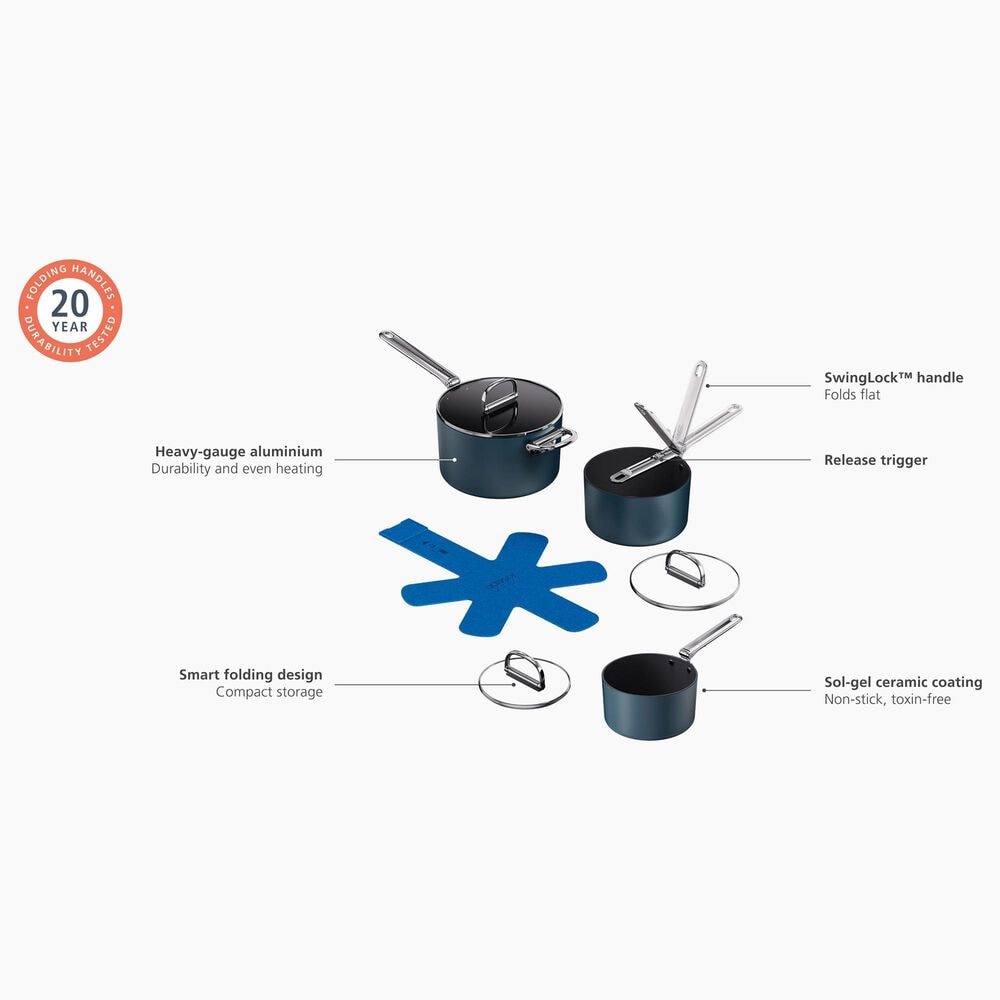 Joseph Joseph Space 6-Piece Non-Stick Ceramic Saucepan Set with Folding Handles in Midnight Blue, , large
