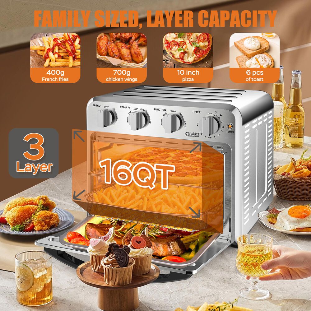 HOMLUX 16 Qt Air Fryer Toaster Oven in Silver, , large