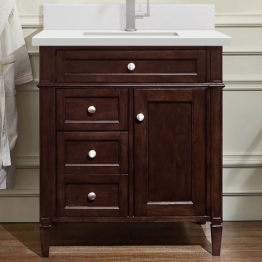 James Martin Vanities Brittany 30" Single Bathroom Vanity in Burnished Mahogany with Single Hole 3 cm White Zeus Quartz Top and Rectangular Sink, , large