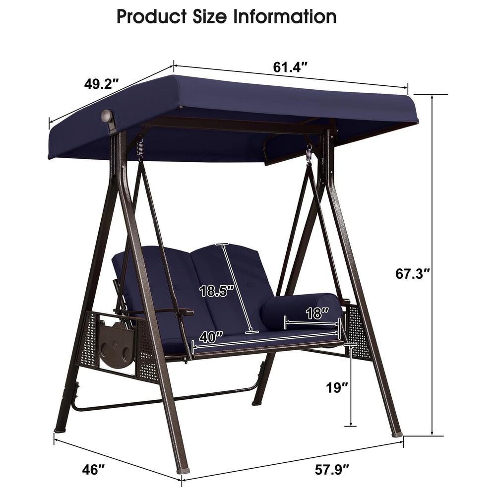 HOMLUX 2-Seat Outdoor Porch Swing with Adjustable Tilt Canopy and Foldable Tray in Navy Blue, , large