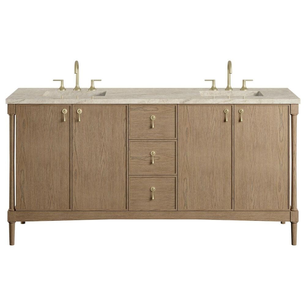 James Martin Kinnsden 72" Double Bathroom Vanity in Weathered Oak with 3 cm Tajnar Eclos Top and Rectangular Sinks, , large