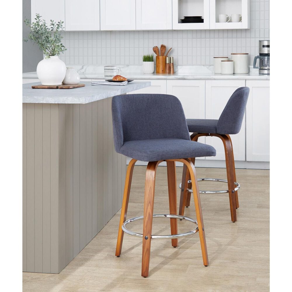 LumiSource Toriano Swivel Counter Stool with Blue Fabric Upholstery in Walnut and Chrome (Set of 2), , large