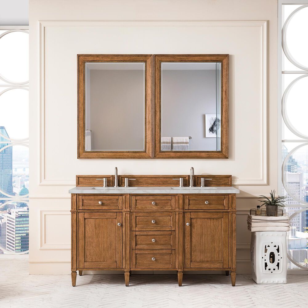 James Martin Vanities Brittany 60" Double Bathroom Vanity in Saddle Brown with 3 cm Eternal Jasmine Pearl Silestone Top, Rectangular Sinks and FreePower Wireless Charger, , large
