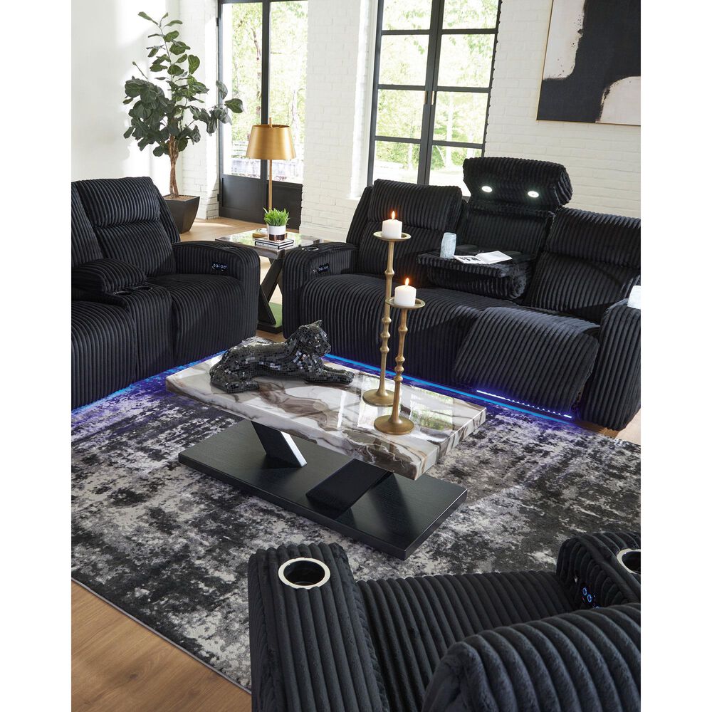 Ashley Forest Lake Power Reclining Sofa with Adjustable Headrest in Black Velvet, , large