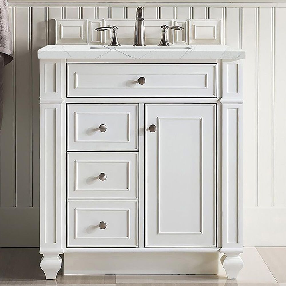James Martin Vanities Bristol 30&quot; Single Bathroom Vanity in Bright White with 3 cm Ethereal Noctis Quartz Top and Rectangular Sink, , large