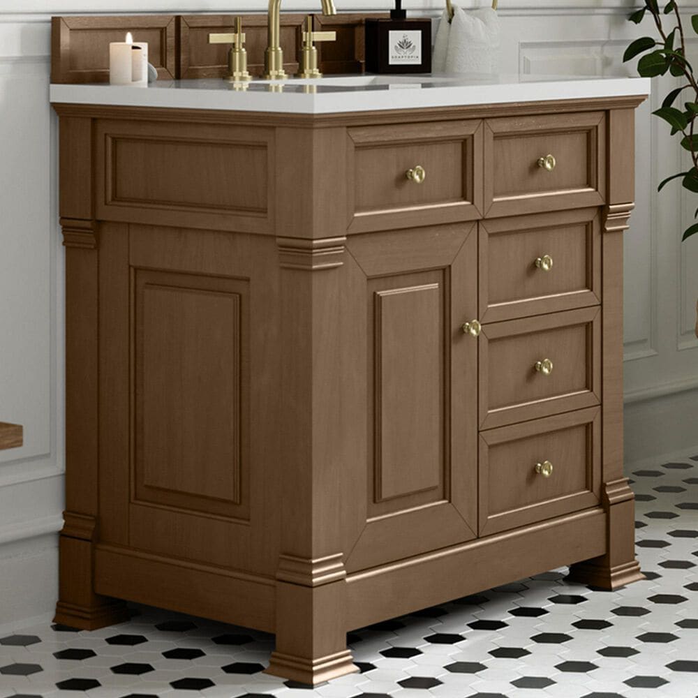 James Martin Vanities Brookfield 36&quot; Single Bathroom Vanity in Pecan with 3 cm White Zeus Quartz Top and Rectangular Sink, , large