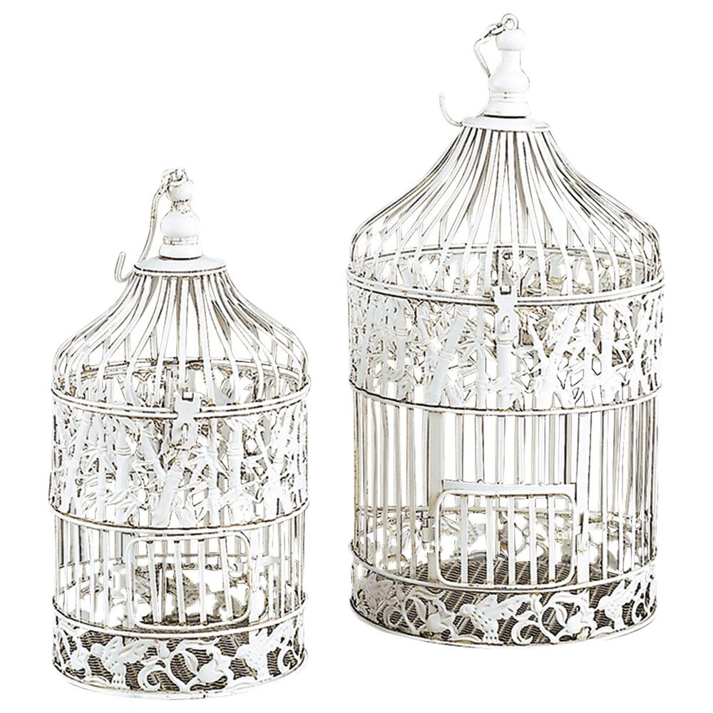 Maple and Jade Round Vintage Birdcage in Distressed White (Set of 2), , large