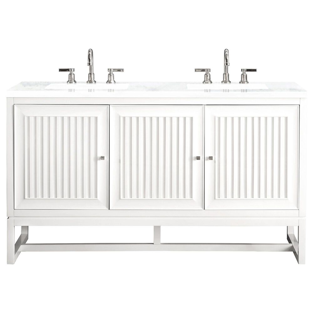 James Martin Vanities Athens 60" Double Bathroom Vanity in Glossy White with 3 cm Arctic Fall Solid Surface Top and Rectangular Sinks, , large