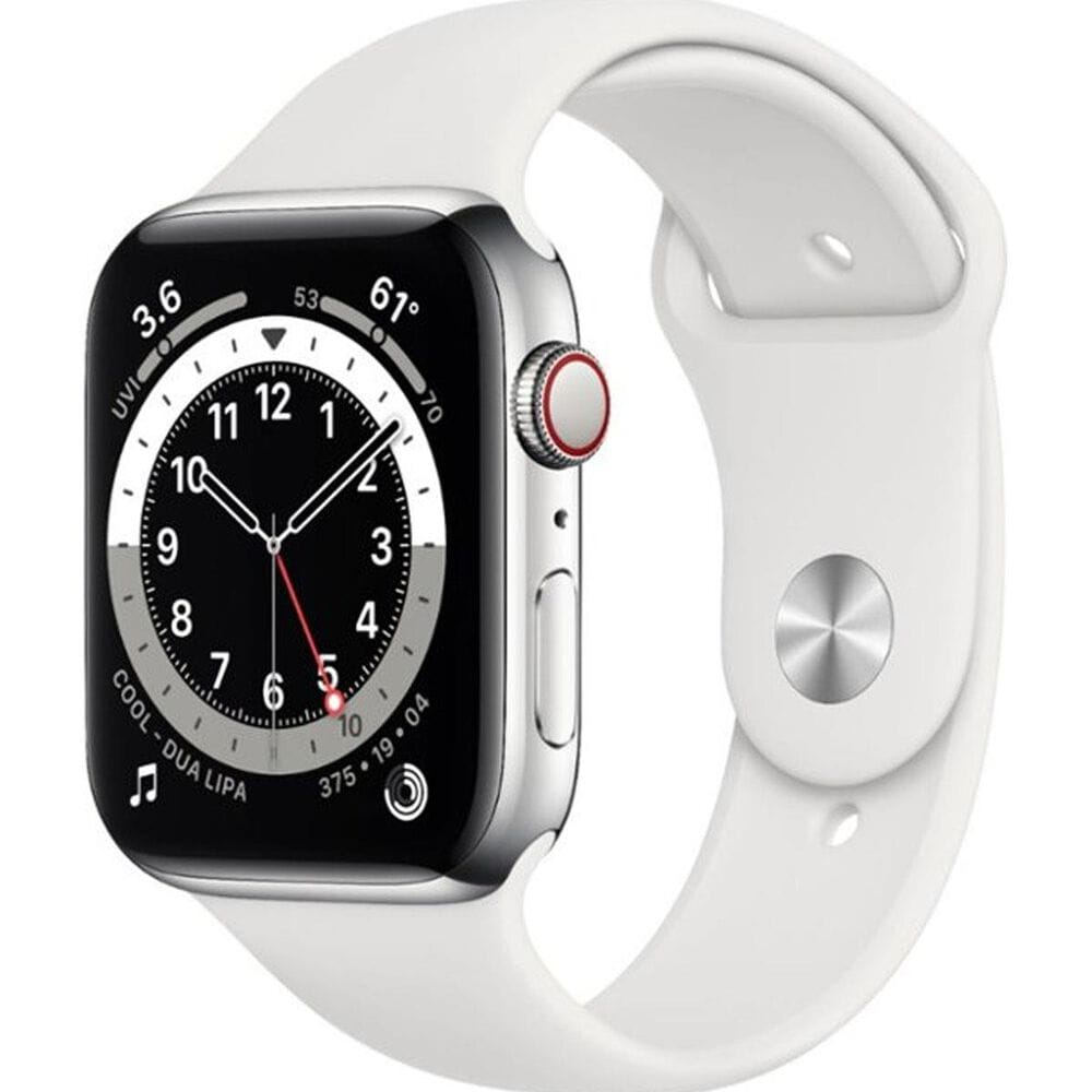 Apple Watch Series 6 GPS + Cellular, 44mm Silver Stainless Steel Case with White Sport Band - Regular, , large