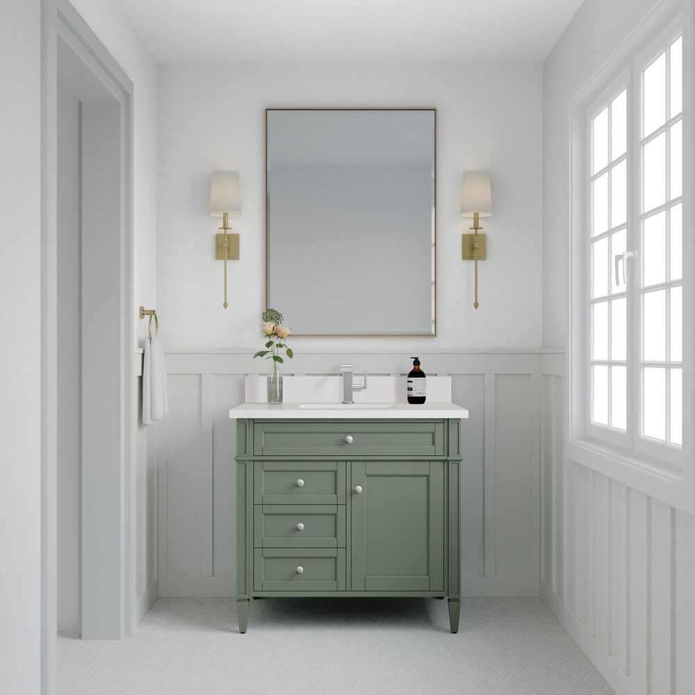 James Martin Vanities Brittany 36" Single Bathroom Vanity in Smokey Celadon with Single Hole 3 cm White Zeus Quartz Top and Rectangular Sink, , large