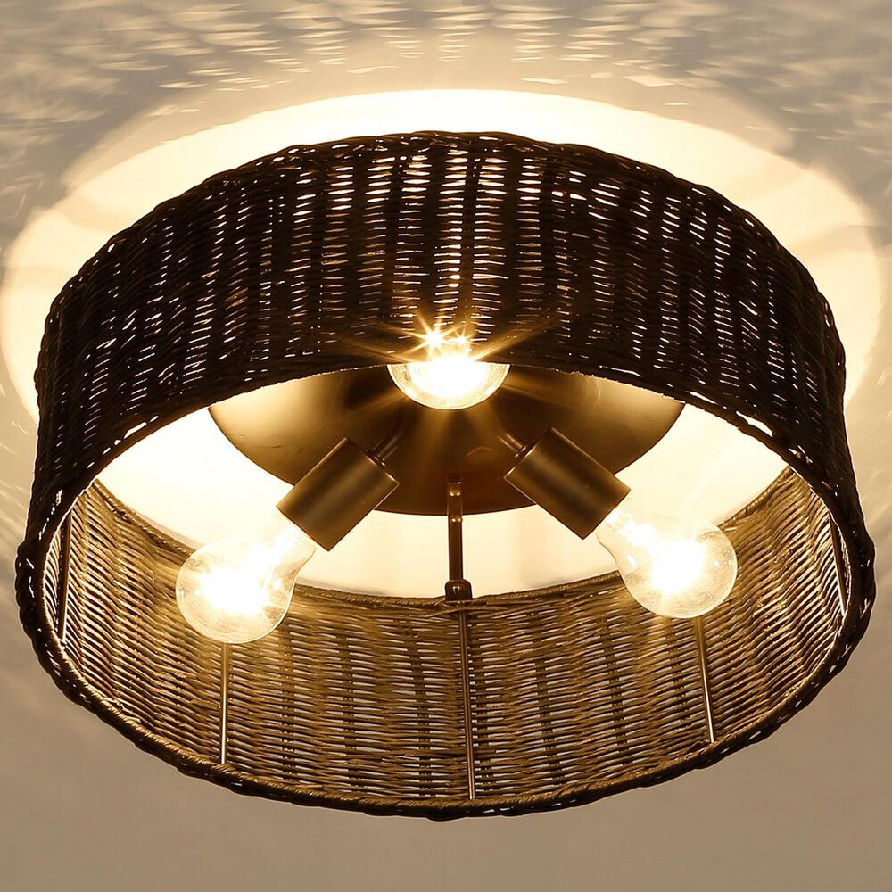 Golden Lighting Erma 3-Light Flush Mount with Black Wicker Shadein Matte Black, , large