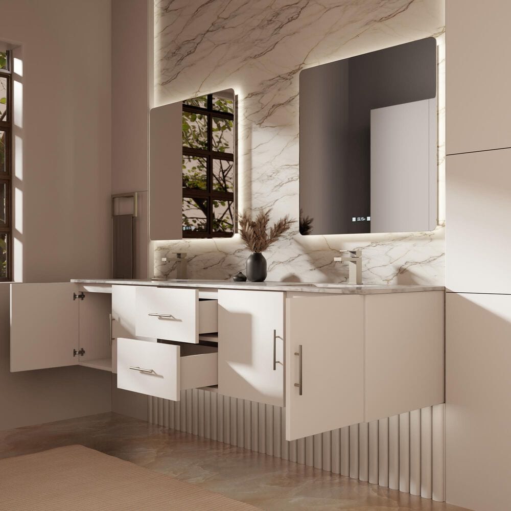 Lexora Home Geneva 80" Double Bathroom Vanity in Glossy White with 2 cm White Carrara Marble Top and Rectangular Sinks, , large