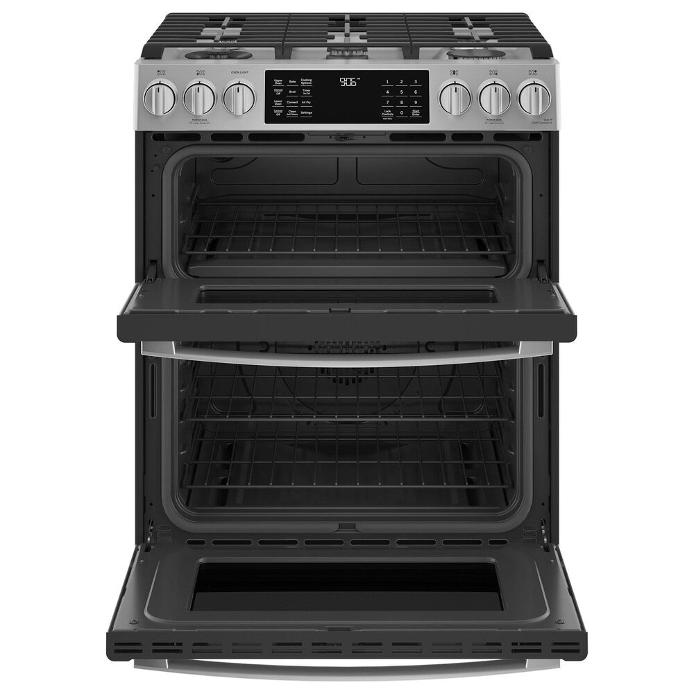 GE Profile 2-Piece Kitchen Package with 30&quot; Gas Double Oven and 1.7 Cu. Ft. Microwave Oven in Fingerprint Resistant Stainless Steel, , large