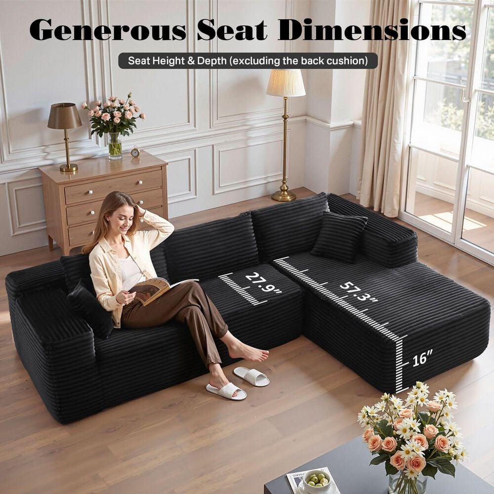 HOMLUX 104" Cloud Sectional Couch Upholstered Modular Sofa with Right L-Shape Chaise, Corduroy Fabric in Black, , large