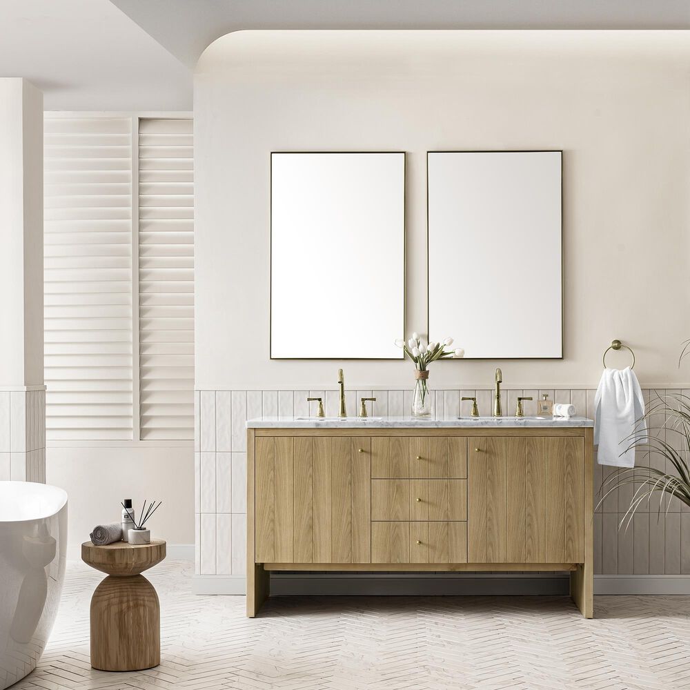 James Martin Vanities Hudson 60&quot; Double Bathroom Vanity in Light Natural Oak with 3 cm Arctic Fall Solid Surface Top and Rectangular Sinks, , large