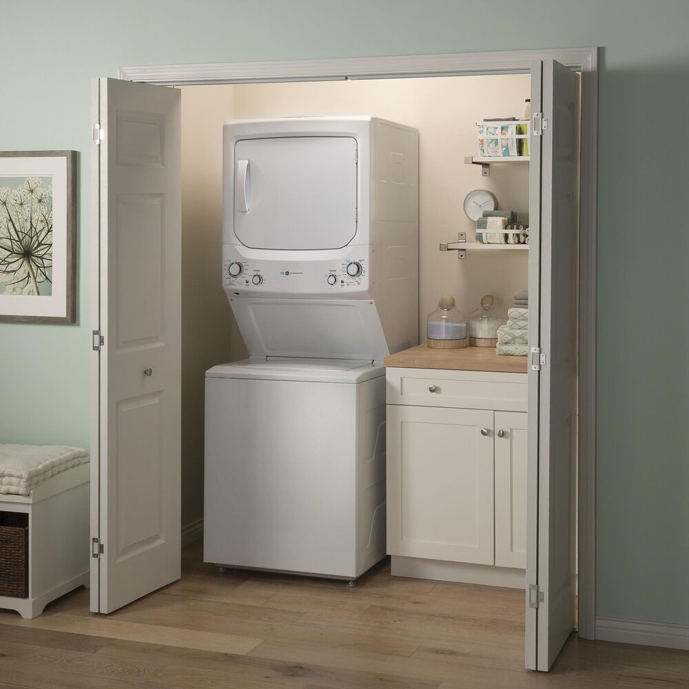 GE Appliances 3.9 Cu. Ft. Front Load Washer and 5.9 Cu. Ft. Gas Dryer Stack Laundry in White, , large